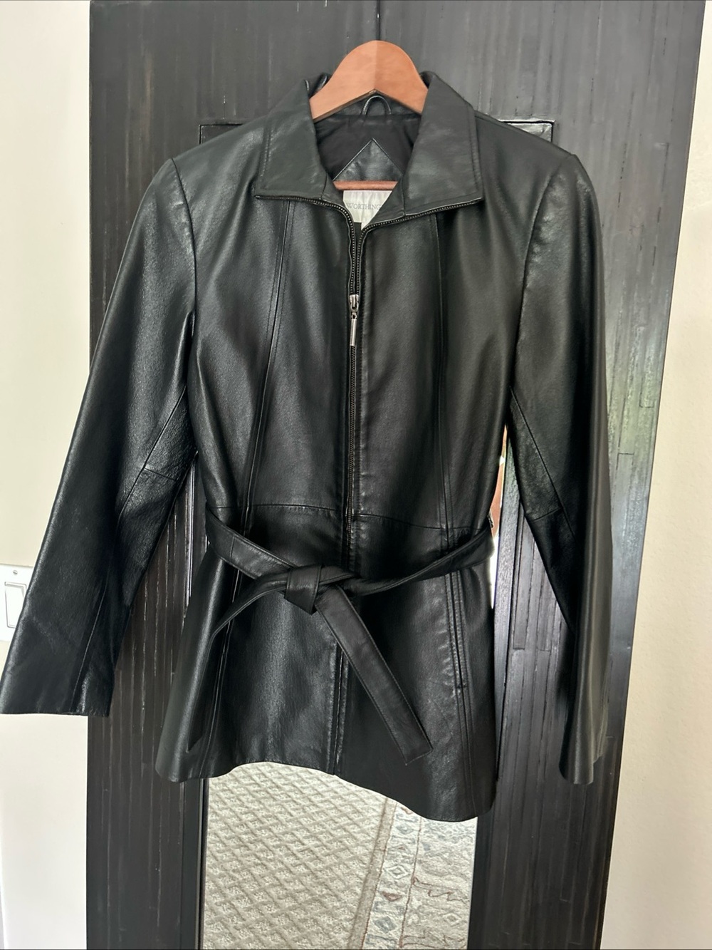 Worthington Black Genuine Leather Zip Jacket with Waist Tie